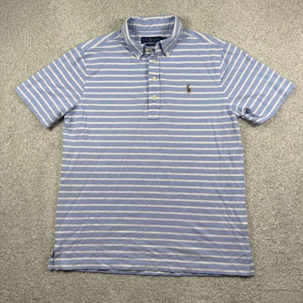 Ralph Lauren Knit Oxford Mens M Blue Striped Button Down Short Sleeve Polo Shirt